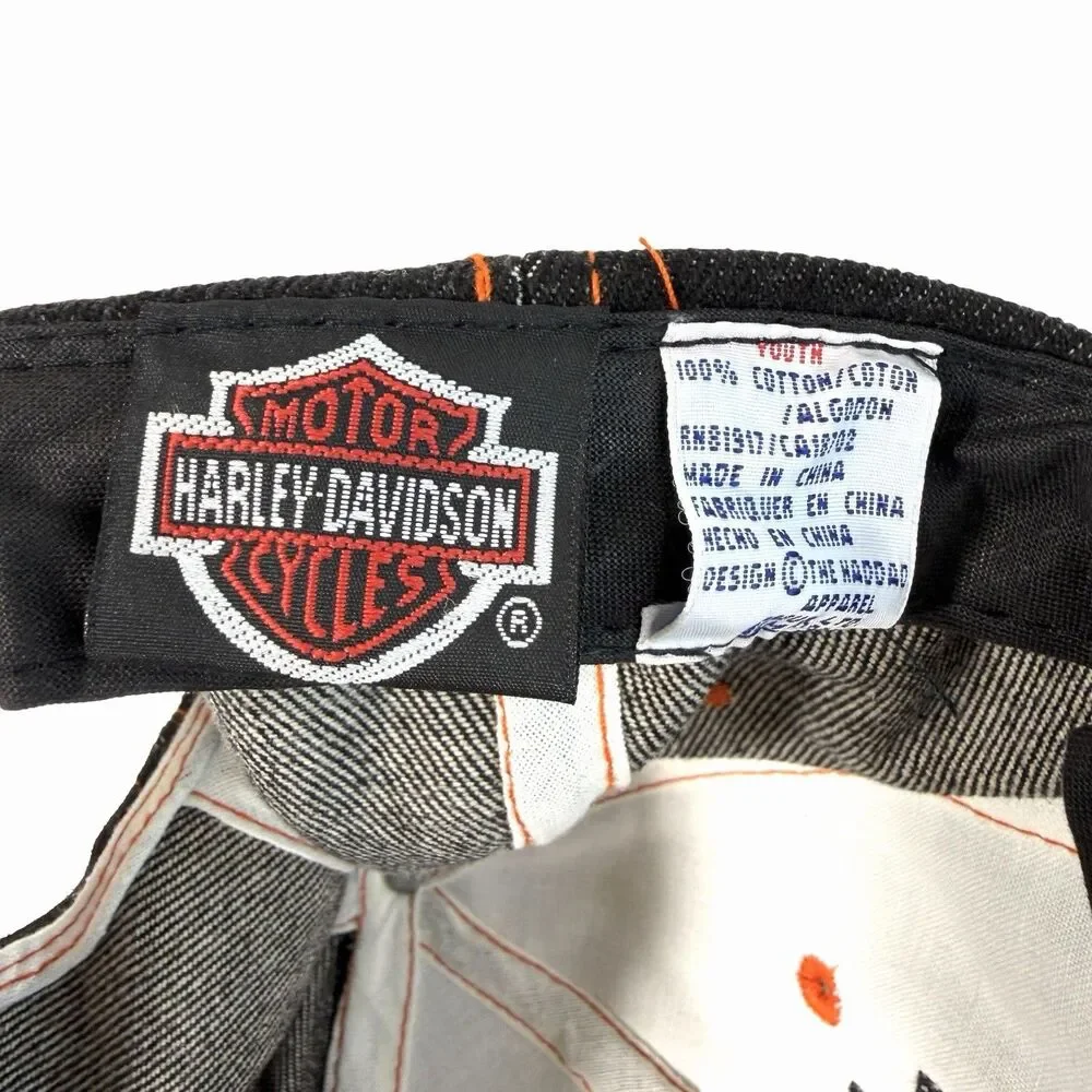 Harley Davidson Bar & Shield Snapback Vtg Denim Jean Hat Cap Black Orange Youth